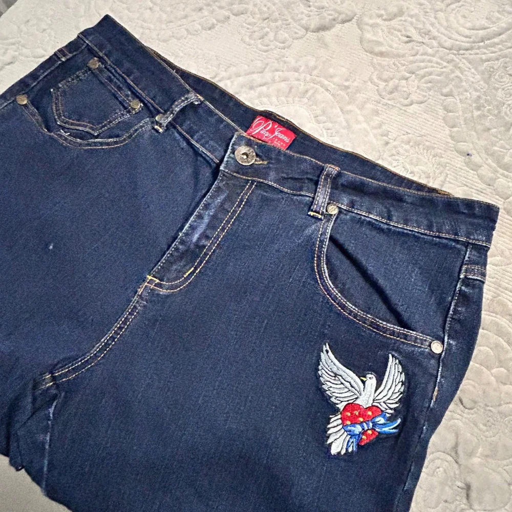 Paco Jeans Mens Dark Wash Embroidered Dove Heart Streetwear Straight Leg Jeans